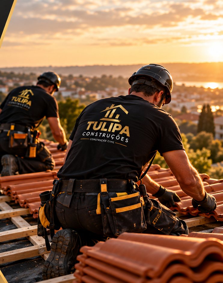 Técnicos da Tulipa Construções a montar ripado e telhas